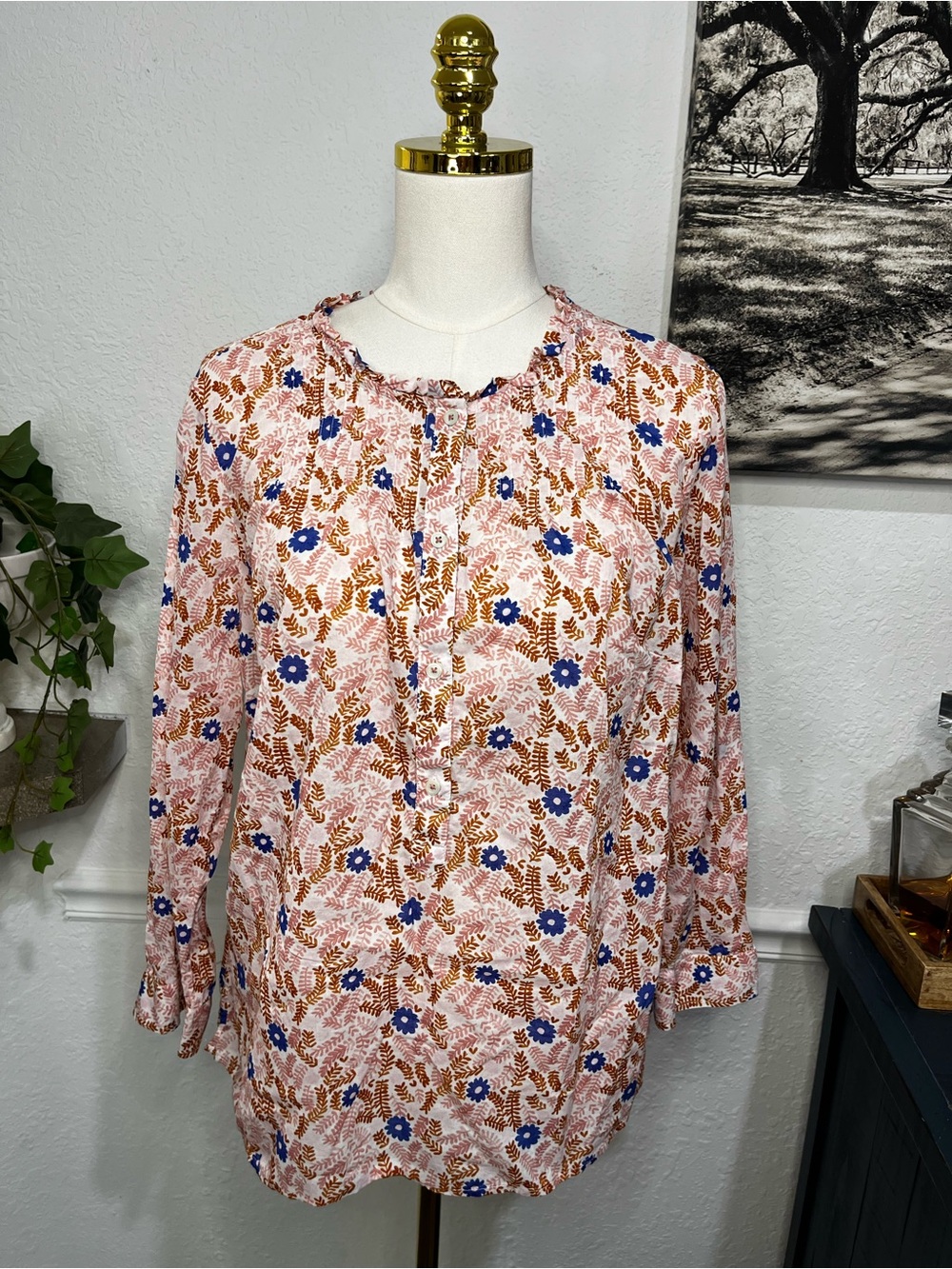Talbots XP Cotton Pink, Orange, White Floral Button-Up Blouse